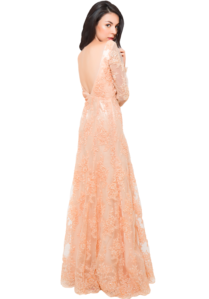 Peach Floral Embroidered Gown